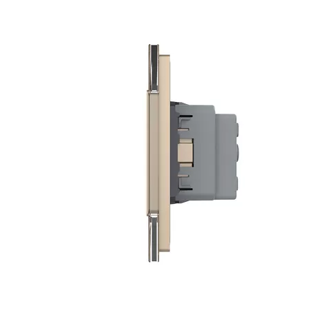 Двухклавишный проходной сенсорный выключатель с розеткой (2-0) золотой